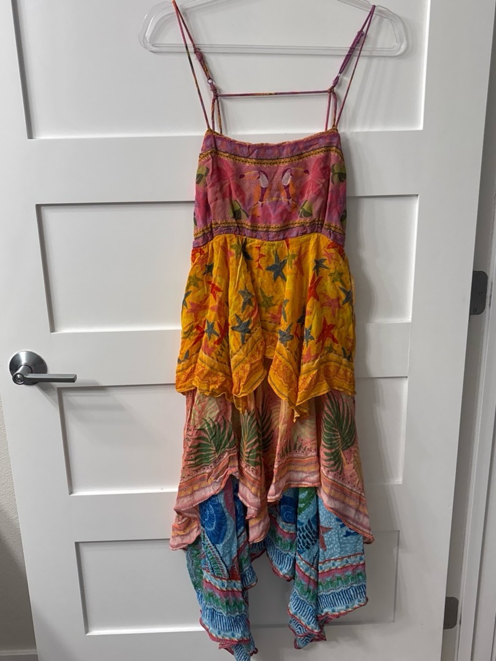 FARM Rio Pink, Yellow & Blue Tiered Handkerchief Midi Dress